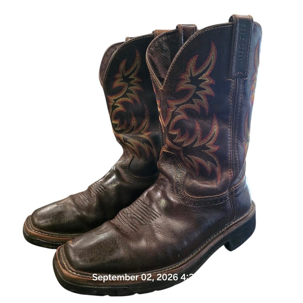 Justin WK4681 Driller Mens 8D Brown Leather Western Work Boots Square Toe